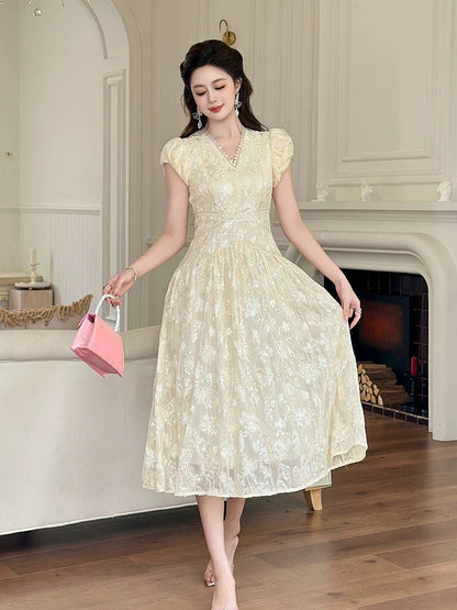 Rich daughter temperament V-neck dress female summer light luxury high-end super fairy temperament waist long dress dress