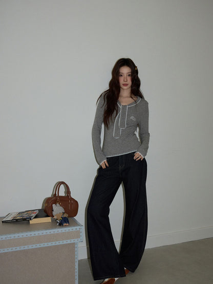 Chaochao Home Design Blue Wide-Leg Jeans for Women, Autumn 2025, Casual, Loose Fit, Straight Leg with Slight Flare
