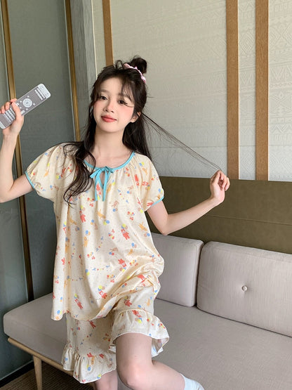 Xinbangbang Homedress summer loose colorful cartoon home clothes women's strappy round neck short-sleeved pajamas set