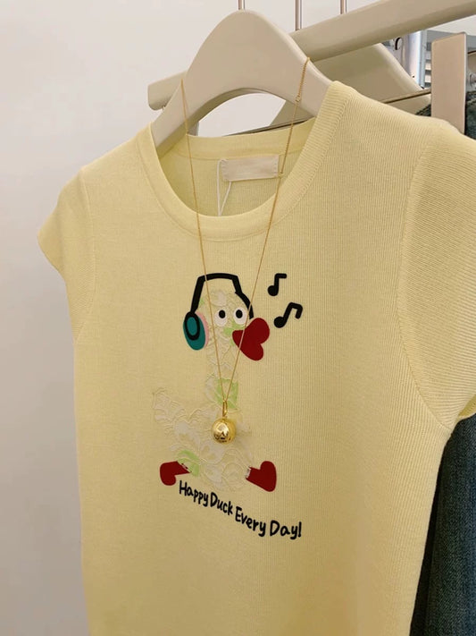 Yellow shoulder ice silk knitted short-sleeved T-shirt for women in summer 2025 new dopamine slimming short top