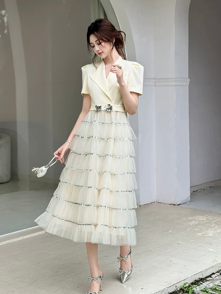 Summer women's clothing 2025 new style dress high-end exquisite suit splicing mesh A-line long skirt
