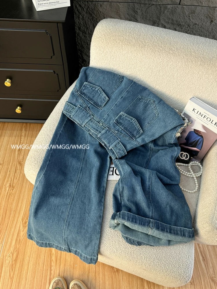 Jeans women's summer thin 2025 new retro pearl niche design high waist drape straight floor-length wide-leg pants