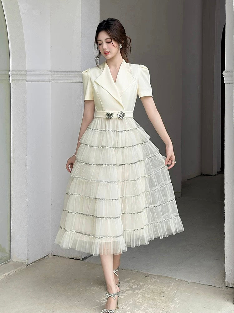 Summer women's clothing 2025 new style dress high-end exquisite suit splicing mesh A-line long skirt