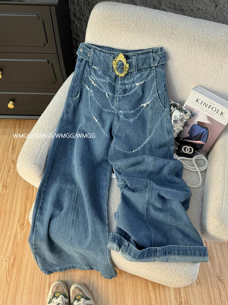 Jeans women's summer thin 2025 new retro pearl niche design high waist drape straight floor-length wide-leg pants