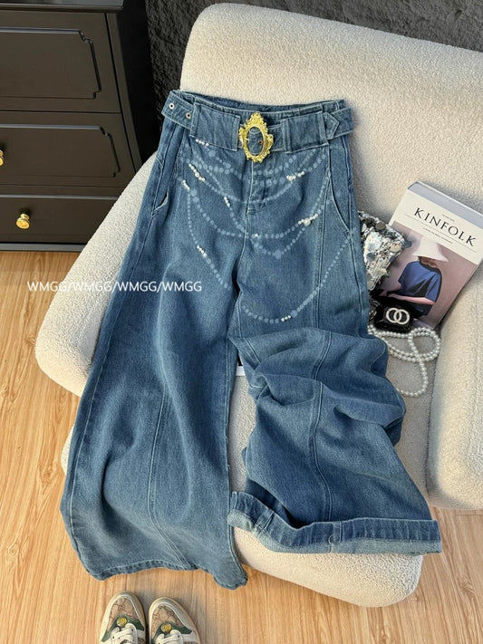 Jeans women's summer thin 2025 new retro pearl niche design high waist drape straight floor-length wide-leg pants