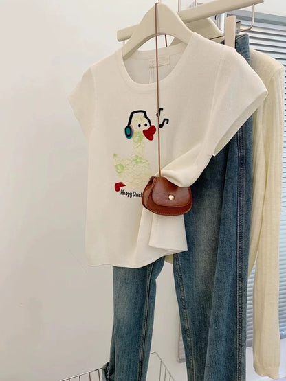 Yellow shoulder ice silk knitted short-sleeved T-shirt for women in summer 2025 new dopamine slimming short top