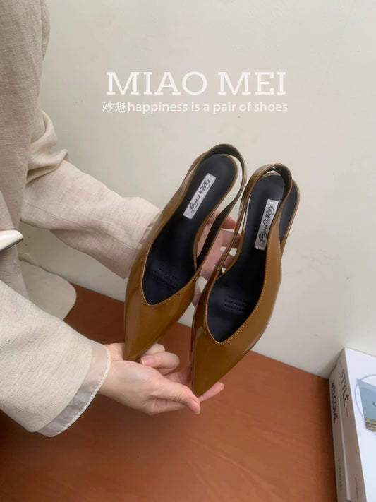 Lambskin version ~ Retro minimalist elegant pointed toe sandals for women, summer wedge heels, stylish high heels with back strap.