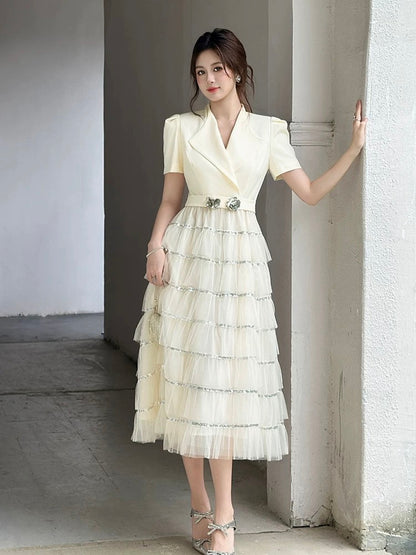 Summer women's clothing 2025 new style dress high-end exquisite suit splicing mesh A-line long skirt