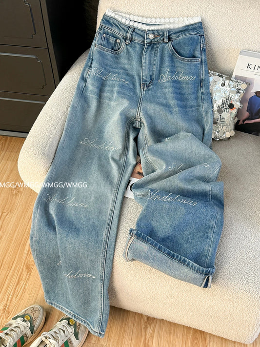 2025 super hot pants for women, small size, design, lace stitching, hot diamond, retro straight blue jeans