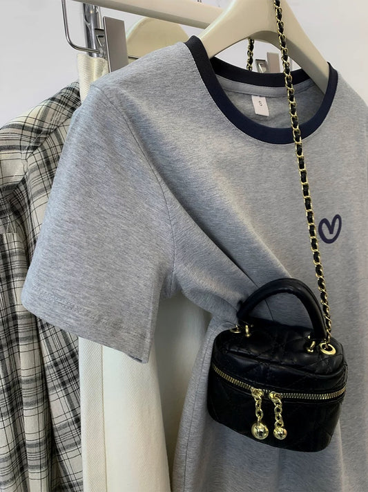 Gray love short-sleeved T-shirt for women in summer short style small size pure cotton half-sleeved straight shoulder top design niche