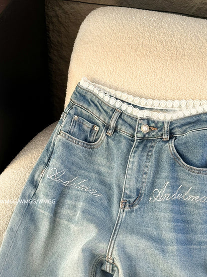 2025 super hot pants for women, small size, design, lace stitching, hot diamond, retro straight blue jeans