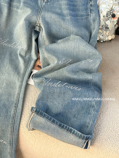 2025 super hot pants for women, small size, design, lace stitching, hot diamond, retro straight blue jeans