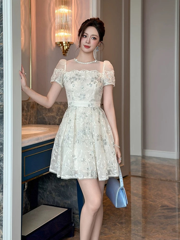 French style velvet sequin embroidered dress for women summer light luxury high-end mesh patchwork waist A-line skirt
