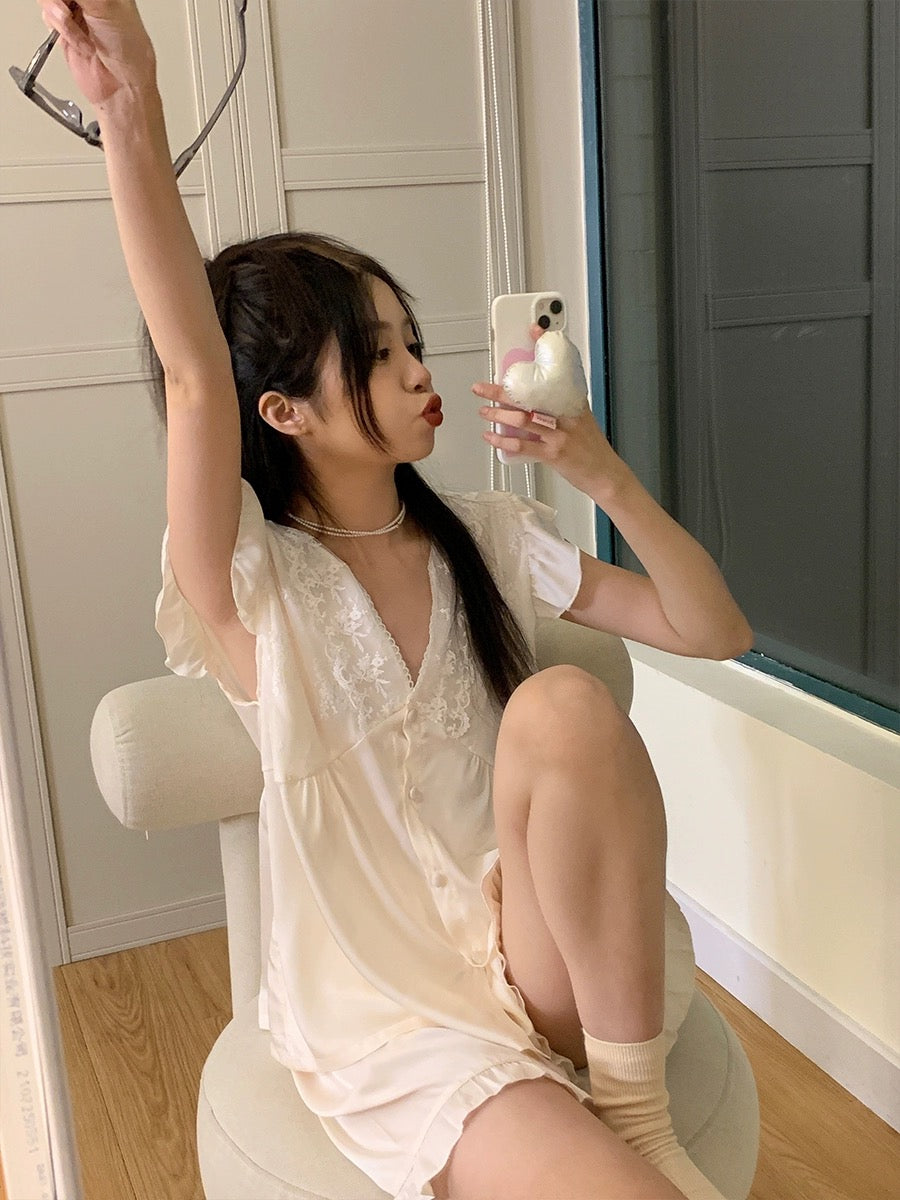 Xinbangbang Homedress Summer Sweet Lace Crochet V-neck Pajamas Women's Suit Pure Desire Satin Home Clothes