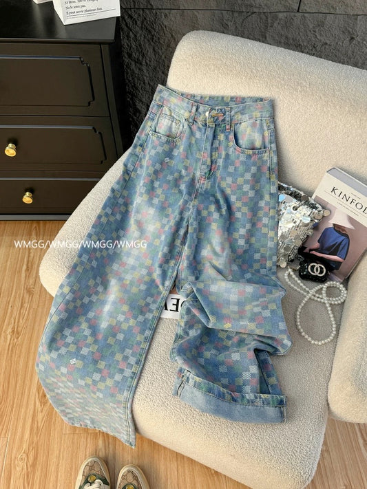 Colorful checkerboard jeans for women summer thin 2025 new style niche no collision style wear high waist straight wide leg pants