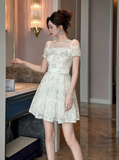 French style velvet sequin embroidered dress for women summer light luxury high-end mesh patchwork waist A-line skirt