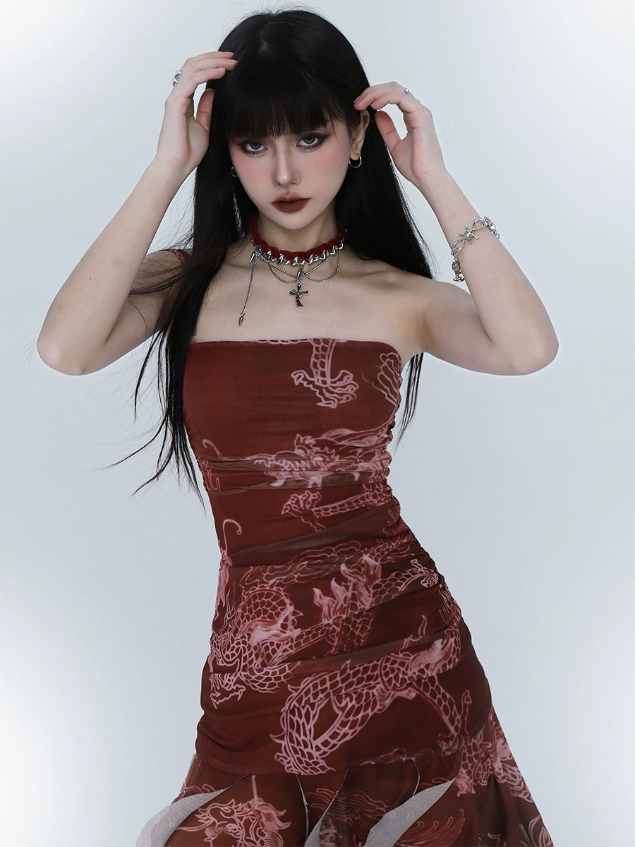 strapless open back dress Ghost Girl New Chinese Style Women's Red Dress Irregular Suspender Ski –  Lee Nhi Boutique