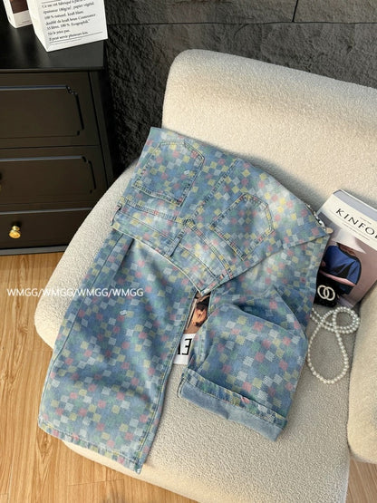 Colorful checkerboard jeans for women summer thin 2025 new style niche no collision style wear high waist straight wide leg pants