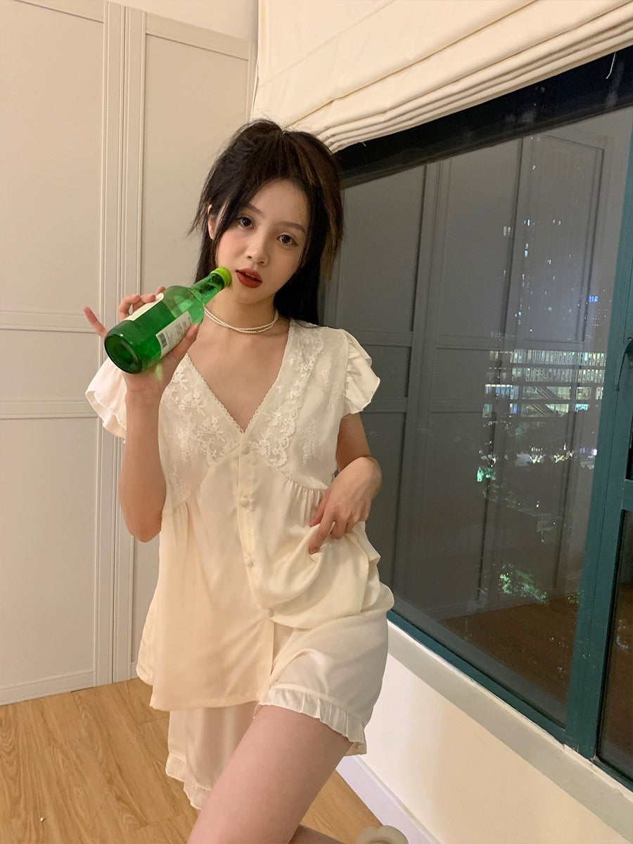 Xinbangbang Homedress Summer Sweet Lace Crochet V-neck Pajamas Women's Suit Pure Desire Satin Home Clothes