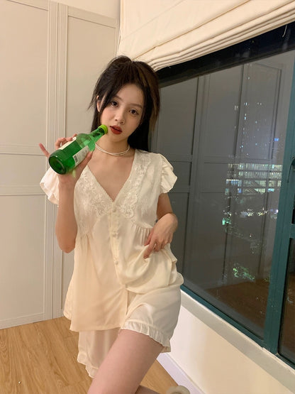 Xinbangbang Homedress Summer Sweet Lace Crochet V-neck Pajamas Women's Suit Pure Desire Satin Home Clothes