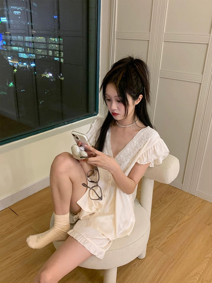 Xinbangbang Homedress Summer Sweet Lace Crochet V-neck Pajamas Women's Suit Pure Desire Satin Home Clothes
