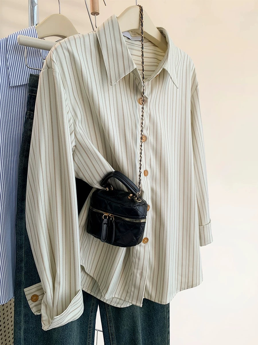 French beige striped shirt jacket for women in spring and autumn, small design, niche and chic, layered shirt tops