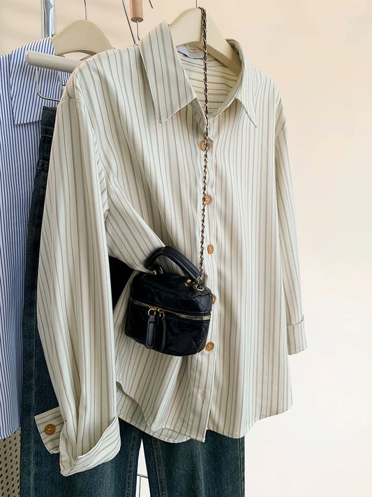 French beige striped shirt jacket for women in spring and autumn, small design, niche and chic, layered shirt tops