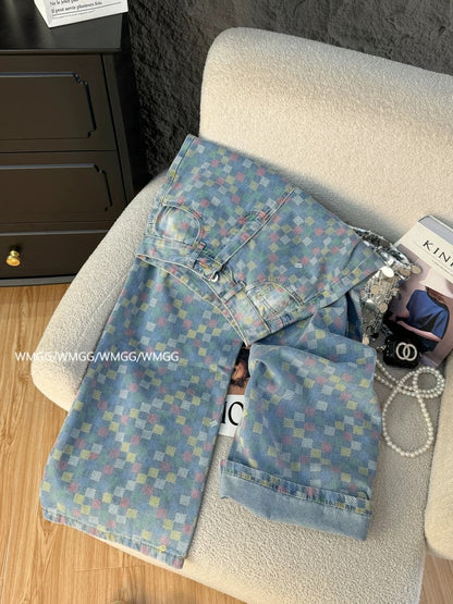 Colorful checkerboard jeans for women summer thin 2025 new style niche no collision style wear high waist straight wide leg pants