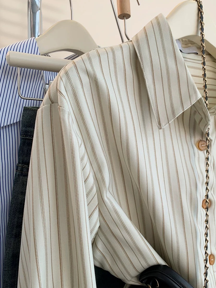 French beige striped shirt jacket for women in spring and autumn, small design, niche and chic, layered shirt tops