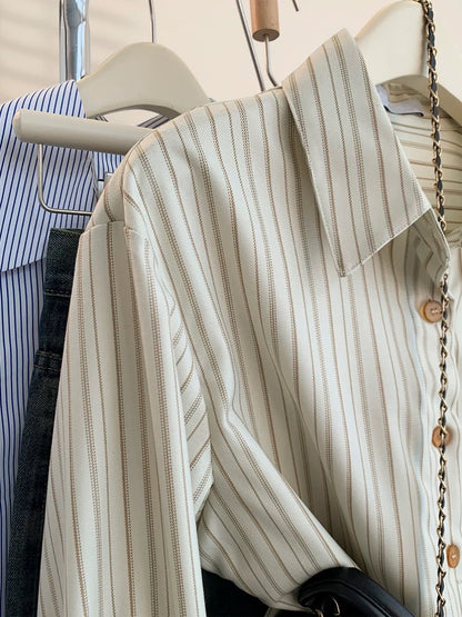 French beige striped shirt jacket for women in spring and autumn, small design, niche and chic, layered shirt tops
