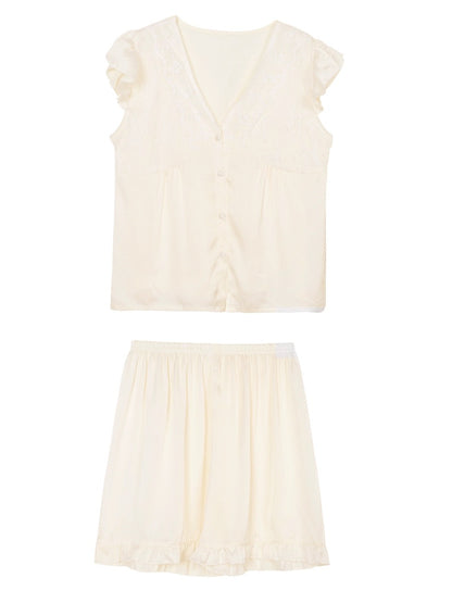 Xinbangbang Homedress Summer Sweet Lace Crochet V-neck Pajamas Women's Suit Pure Desire Satin Home Clothes