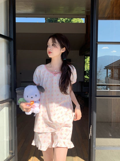 Xinbangbang Homedress Sweet Pink Bow Floral Short Sleeve Pajamas Breathable Home Clothes Set Women Summer