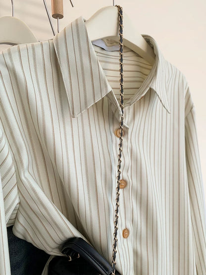 French beige striped shirt jacket for women in spring and autumn, small design, niche and chic, layered shirt tops