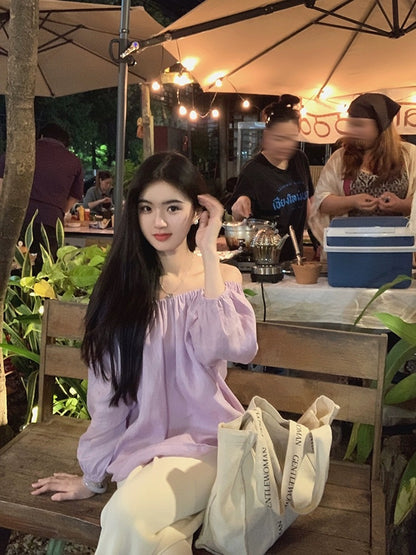 famouswang2024 spring new style [romantic tone] gentle temperament Ruth purple cotton and linen one shoulder