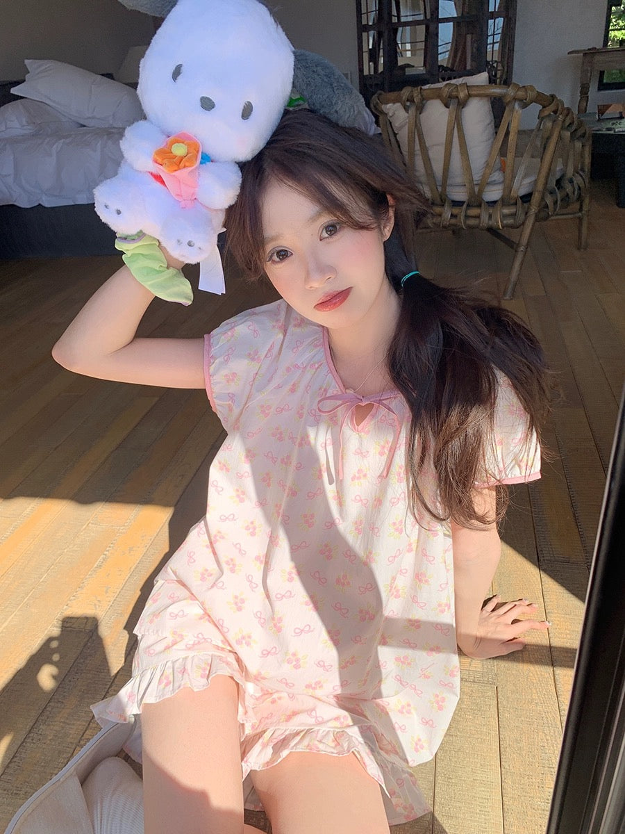 Xinbangbang Homedress Sweet Pink Bow Floral Short Sleeve Pajamas Breathable Home Clothes Set Women Summer