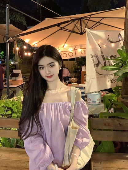 famouswang2024 spring new style [romantic tone] gentle temperament Ruth purple cotton and linen one shoulder