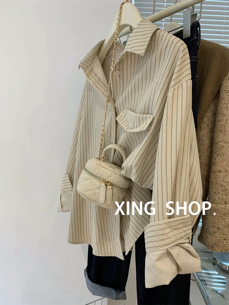Retro Japanese cotton and linen striped shirt jacket for women spring and autumn French style sunscreen shirt tops high-end