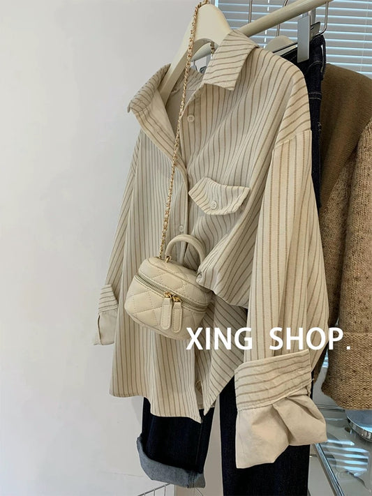 Retro Japanese cotton and linen striped shirt jacket for women spring and autumn French style sunscreen shirt tops high-end