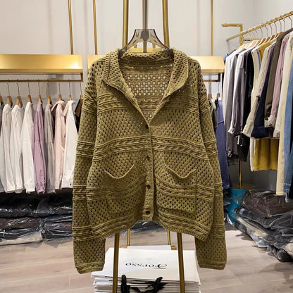 [Real-life photos from Xiao Ai's shop] Women's French-style collared openwork knit cardigan – loose-fitting, long-sleeved autumn top.