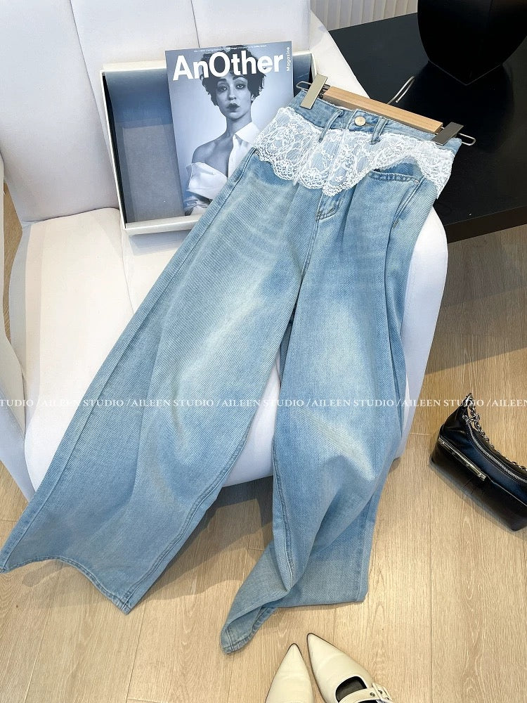 Jeans women 2025 spring new Korean Dongdaemun design lace stitching loose straight wide-leg pants