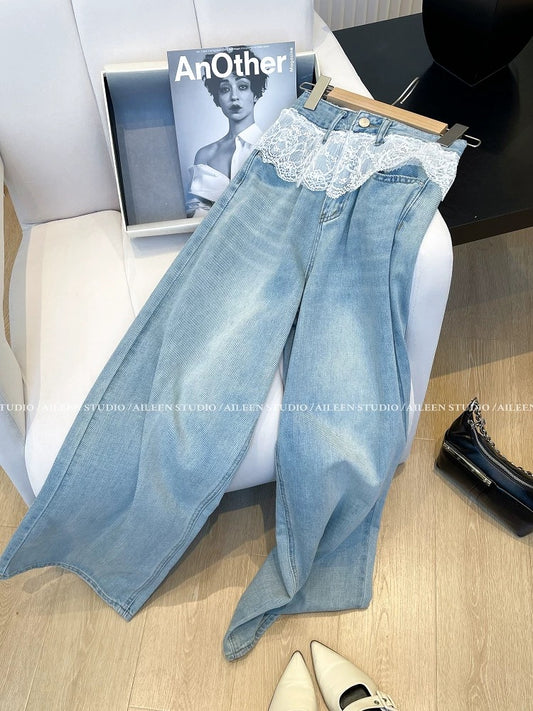 Jeans women 2025 spring new Korean Dongdaemun design lace stitching loose straight wide-leg pants