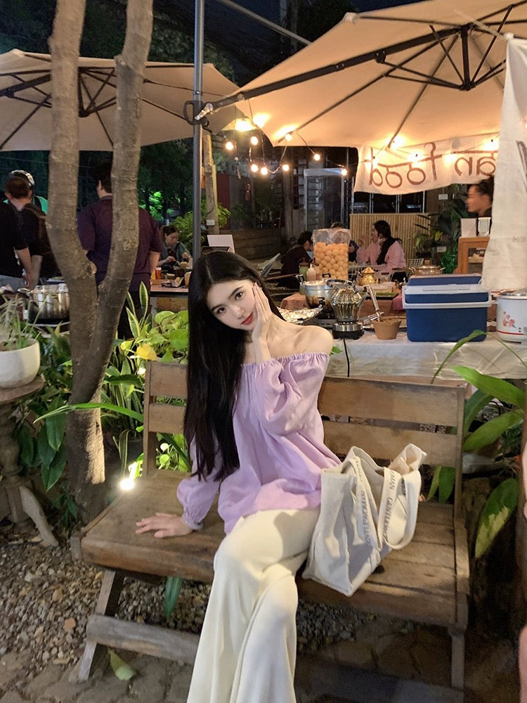 famouswang2024 spring new style [romantic tone] gentle temperament Ruth purple cotton and linen one shoulder