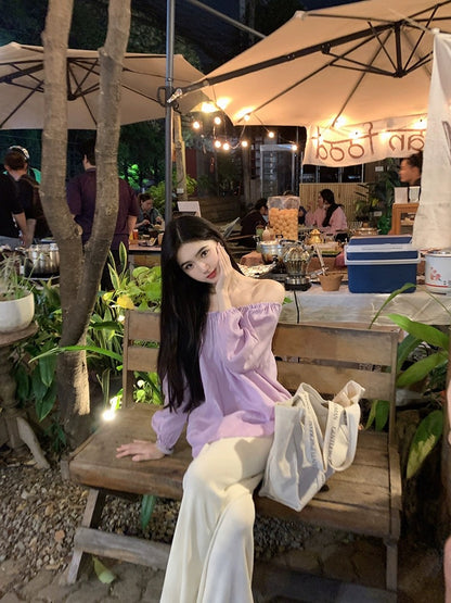 famouswang2024 spring new style [romantic tone] gentle temperament Ruth purple cotton and linen one shoulder