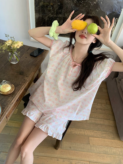 Xinbangbang Homedress Sweet Pink Bow Floral Short Sleeve Pajamas Breathable Home Clothes Set Women Summer