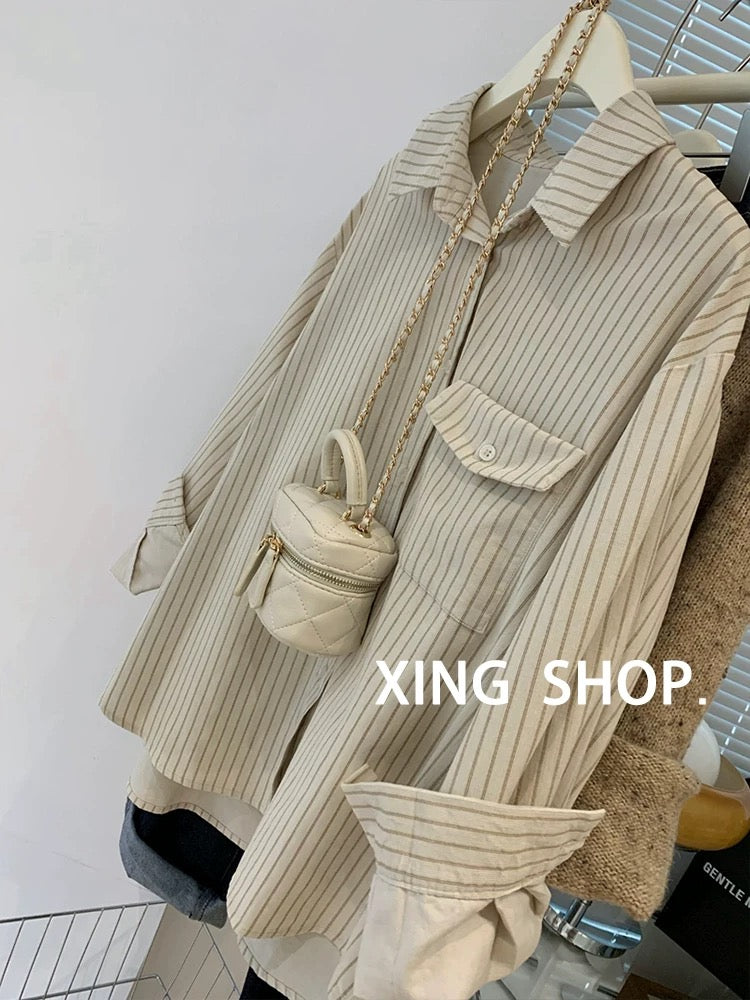 Retro Japanese cotton and linen striped shirt jacket for women spring and autumn French style sunscreen shirt tops high-end