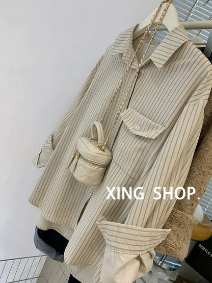 Retro Japanese cotton and linen striped shirt jacket for women spring and autumn French style sunscreen shirt tops high-end