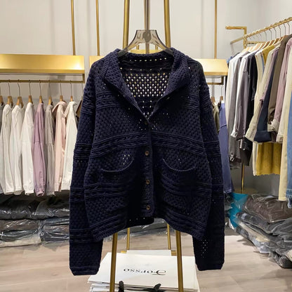 [Real-life photos from Xiao Ai's shop] Women's French-style collared openwork knit cardigan – loose-fitting, long-sleeved autumn top.
