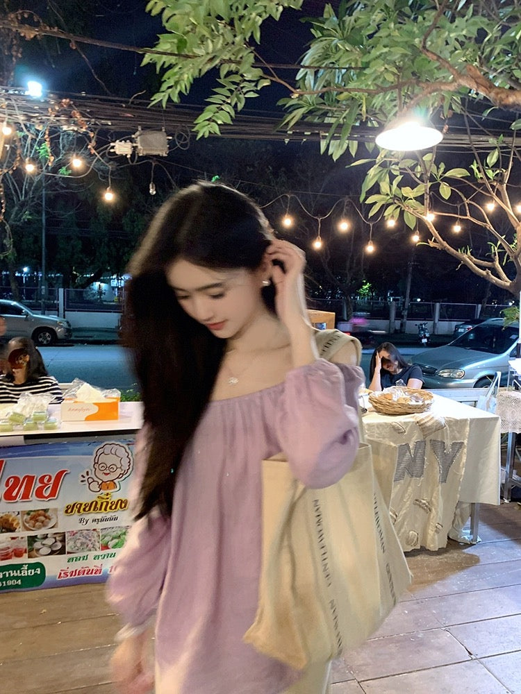 famouswang2024 spring new style [romantic tone] gentle temperament Ruth purple cotton and linen one shoulder