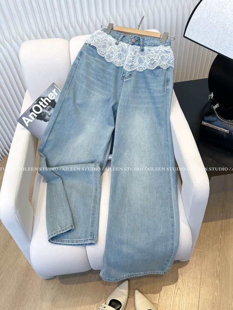 Jeans women 2025 spring new Korean Dongdaemun design lace stitching loose straight wide-leg pants