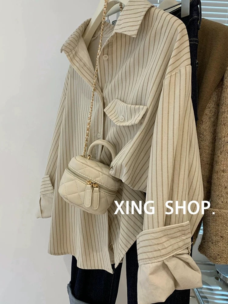Retro Japanese cotton and linen striped shirt jacket for women spring and autumn French style sunscreen shirt tops high-end
